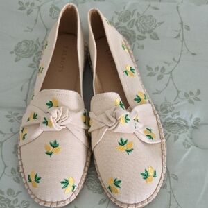 Talbots Cream Espadrilles with Lemon Yellow and Green Embroidery